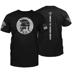 "Warrior Mindset" is printed on a black t-shirt with the main design printed on the front and the back of this t-shirt has a vertical printing of the phrase "Embrace The Warrior Mindset." This shirt features our brand logo on the right sleeve and the American Flag on the left sleeve.