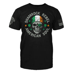 "Shamrock Rebel" is printed on a Black t-shirt with the main design printed on the the front and the back of this t-shirt has no printing. This shirt features our brand logo on the right sleeve and the American Flag on the left sleeve.