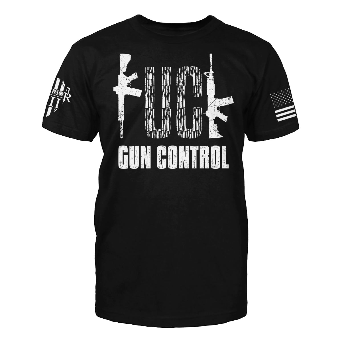 "Fck Gun Control" is printed on a Black t-shirt with the main design printed on the the front and the back of this t-shirt has no printing. This shirt features our brand logo on the right sleeve and the American Flag on the left sleeve.