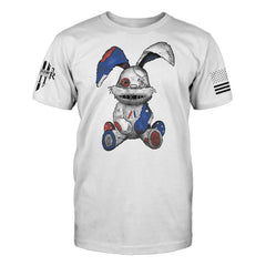 "Stitched Bunny" is printed on a white t-shirt with the main design printed on the front and the back of this t-shirt has no printing. This shirt features our brand logo on the right sleeve and the American Flag on the left sleeve.
