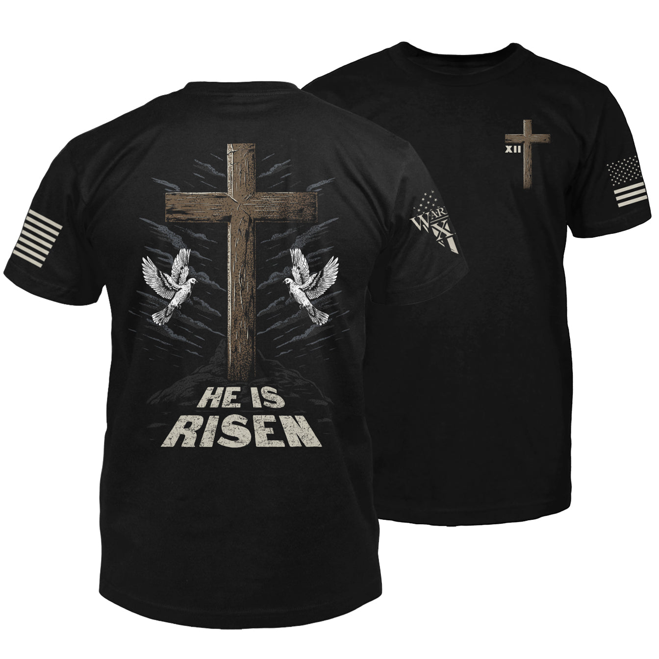 "He Is Risen" is printed on a Black t-shirt with the main design printed on the back and a small print on the front left chest.  This shirt features our brand logo on the right sleeve and the American Flag on the left sleeve.