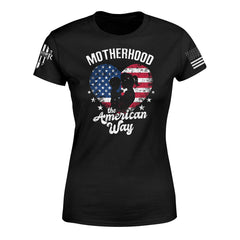 "Motherhood" is printed on a black t-shirt with the main design printed on the front and the back of this t-shirt has no printing. This shirt features our brand logo on the right sleeve and the American Flag on the left sleeve.