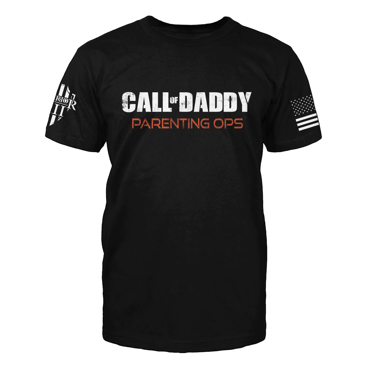 "Call Of Daddy" is printed on a black t-shirt with the main design printed on the front and the back of this t-shirt has no printing. This shirt features our brand logo on the right sleeve and the American Flag on the left sleeve.