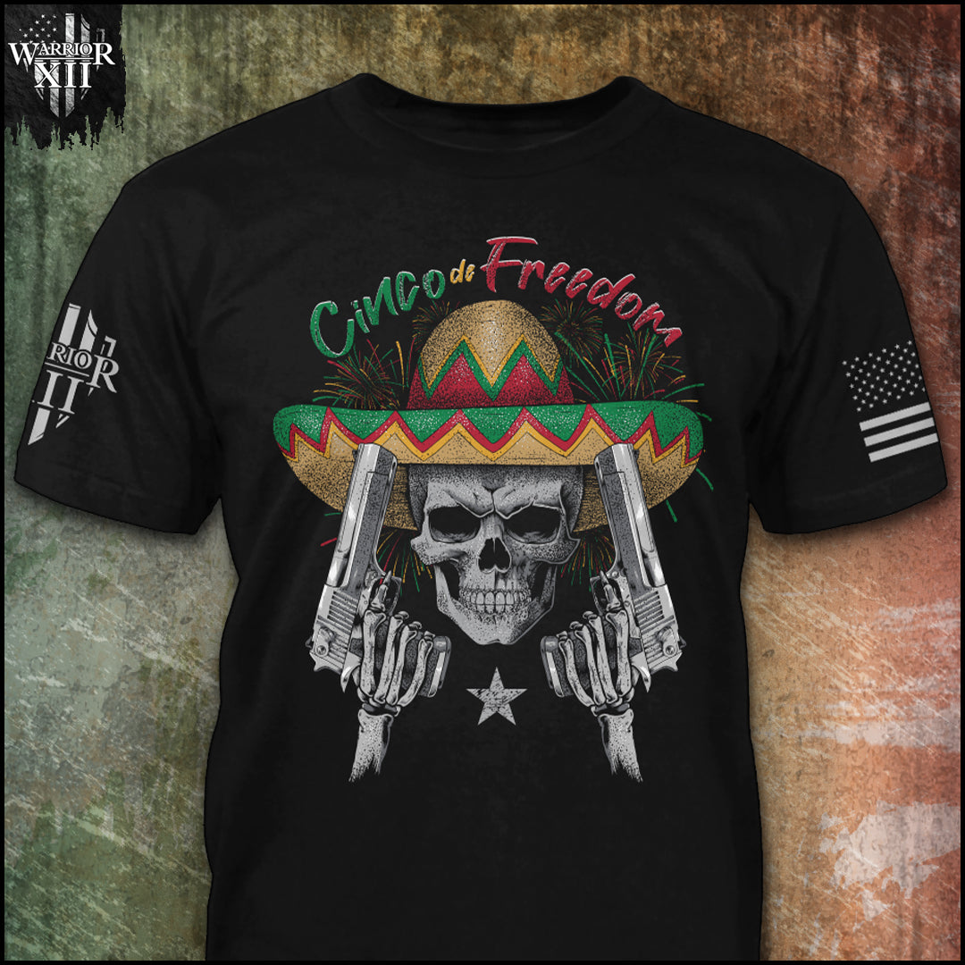 "Cinco De Freedom" is printed on a black t-shirt with the main design printed on the front and the back of this t-shirt has no printing. This shirt features our brand logo on the right sleeve and the American Flag on the left sleeve.