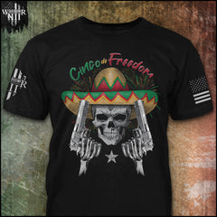 "Cinco De Freedom" is printed on a black t-shirt with the main design printed on the front and the back of this t-shirt has no printing. This shirt features our brand logo on the right sleeve and the American Flag on the left sleeve.