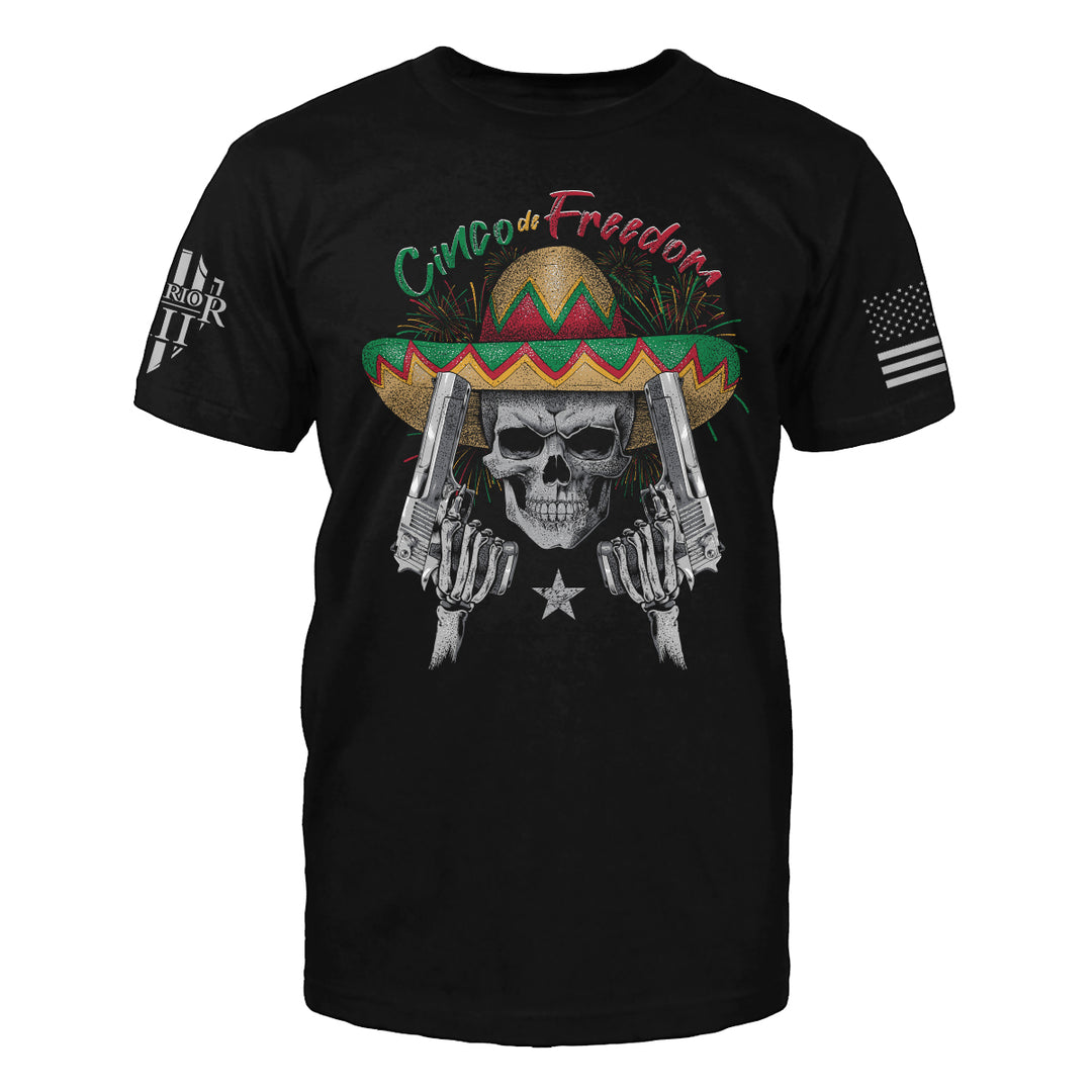 "Cinco De Freedom" is printed on a black t-shirt with the main design printed on the front and the back of this t-shirt has no printing. This shirt features our brand logo on the right sleeve and the American Flag on the left sleeve.