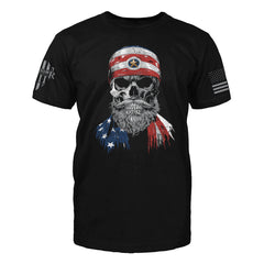 "American Death Dealer" is printed on a Black t-shirt with the main design printed on the the front and the back of this t-shirt has no printing. This shirt features our brand logo on the right sleeve and the American Flag on the left sleeve.