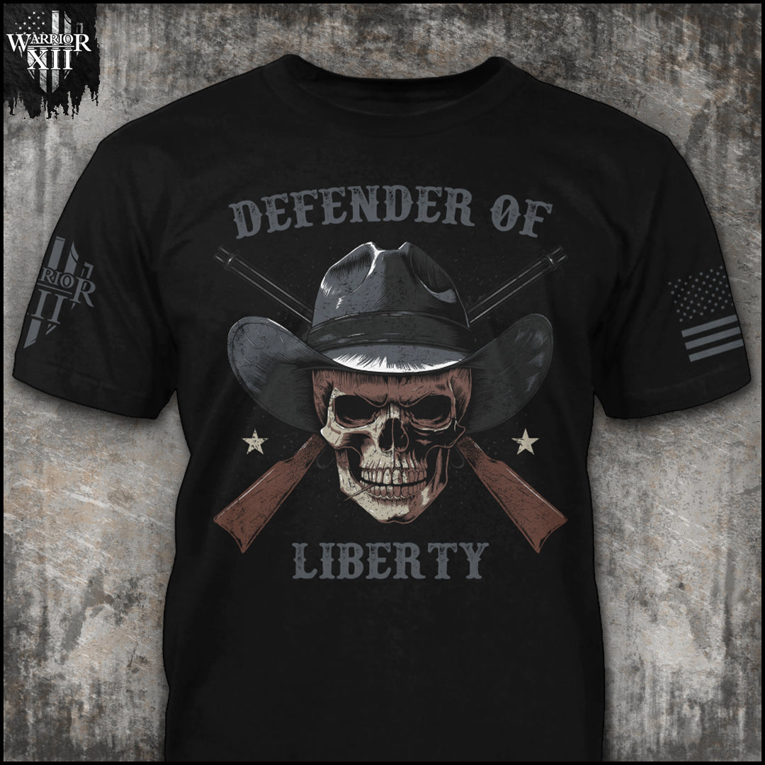 "Defender of Liberty" is printed on a Black t-shirt with the main design printed on the the front and the back of this t-shirt has no printing. This shirt features our brand logo on the right sleeve and the American Flag on the left sleeve.