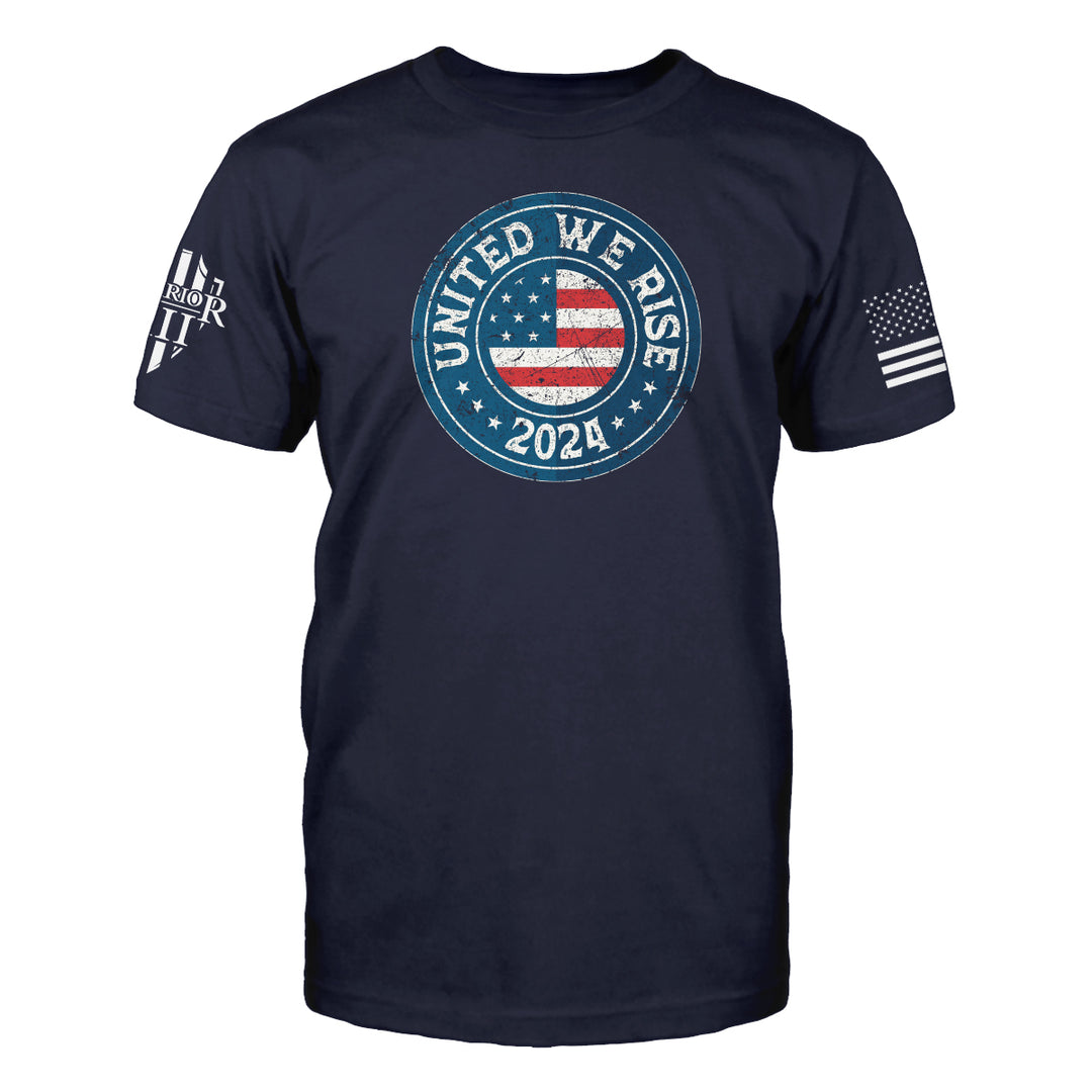 Front Navy blue t-shirt with the main design, "United We Rise 2024" printed.