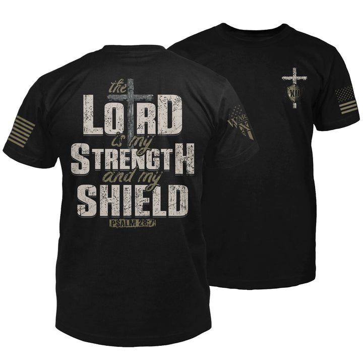 "The Lord Is My Strength" is printed on a Black t-shirt with the main design printed on the back and a small print on the front left chest.  This shirt features our brand logo on the right sleeve and the American Flag on the left sleeve.