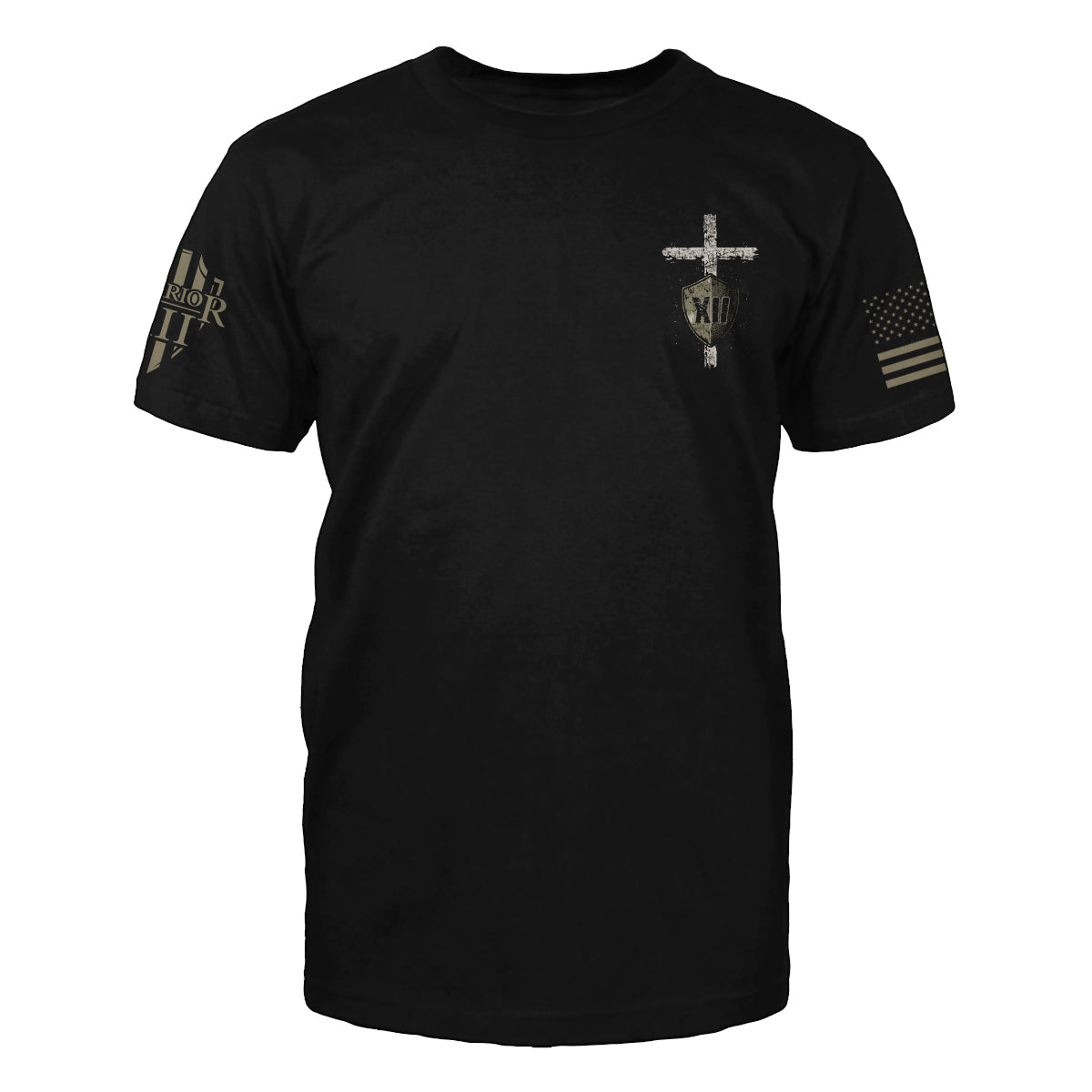 The front of "The Lord Is My Strength" featuring small chest print of Cross and a shield on the upper left side.