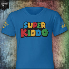 "Super Kiddo" is printed on a Blue t-shirt with the main design printed on the the front and the back of this t-shirt has no printing. This shirt features our brand logo on the right sleeve and the American Flag on the left sleeve.