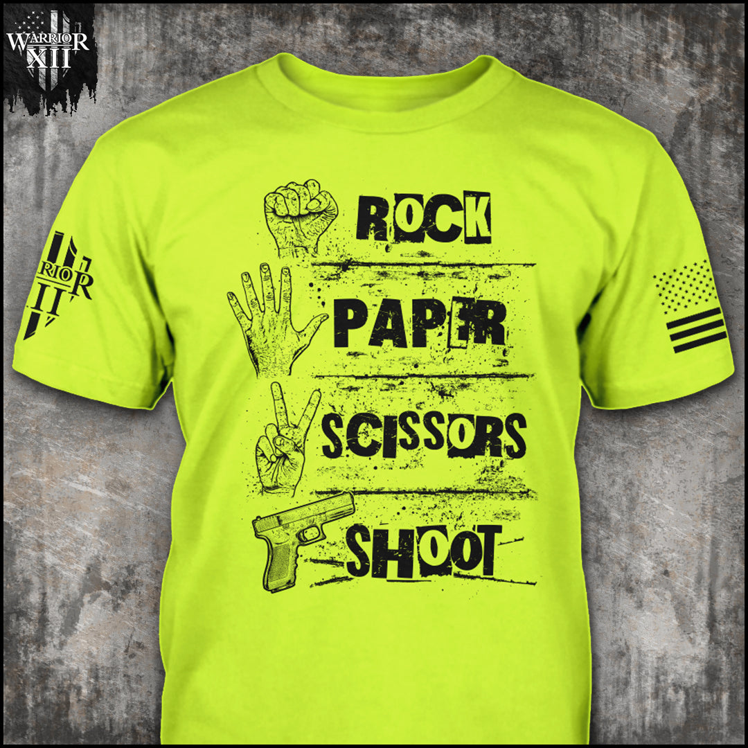 Front hi-vis yellow t-shirt the the main design "Rock, Paper, Scissors, Shoot"