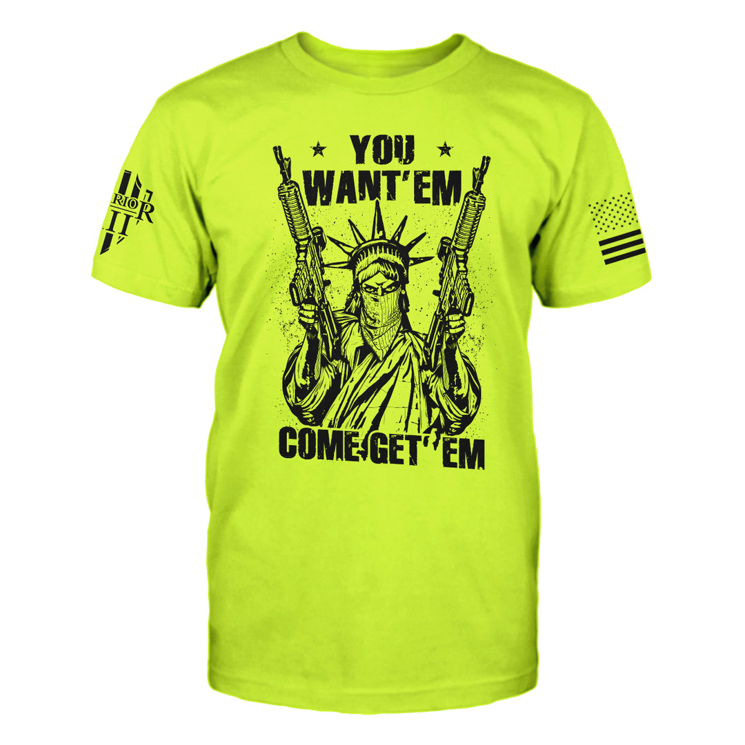 Front hi-vis yellow t-shirt the the main design "Come Get 'Em"