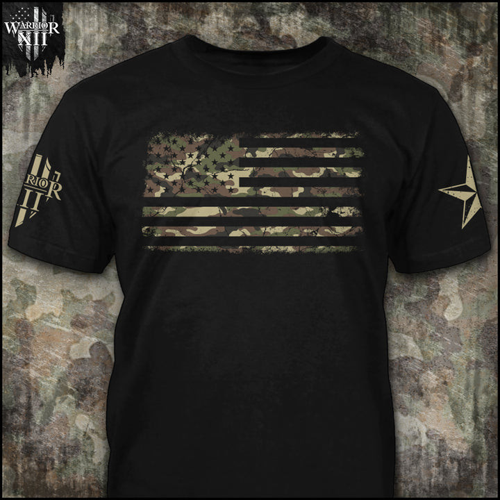 Front black t-shirt with the main design, "US Flag with camoflouge colors" printed.