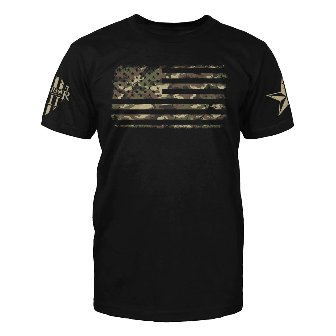 Front black t-shirt with the main design, "US Flag with camoflouge colors" printed.