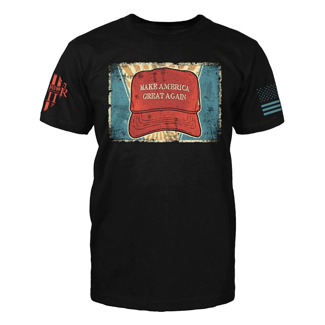 Front black t-shirt with the main design, "Red Hat which says Make America Great Again" printed.