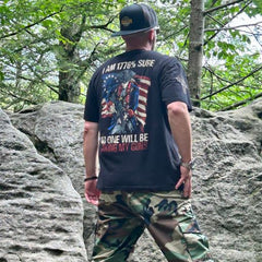 Happy customer wearing his 1776% Sure t-shirt while out on a hike.