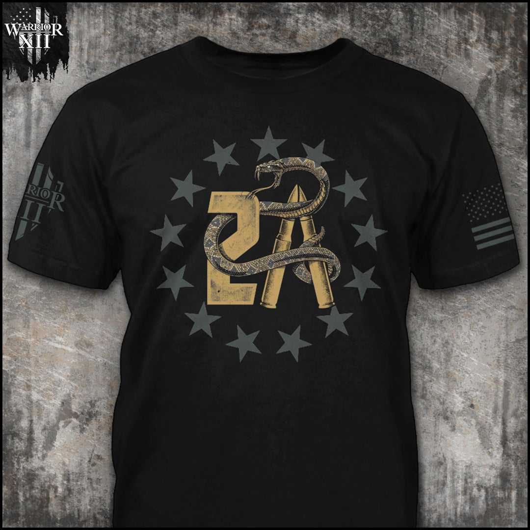 Front black t-shirt with the main design, "2A with a snake wrapped around" printed.