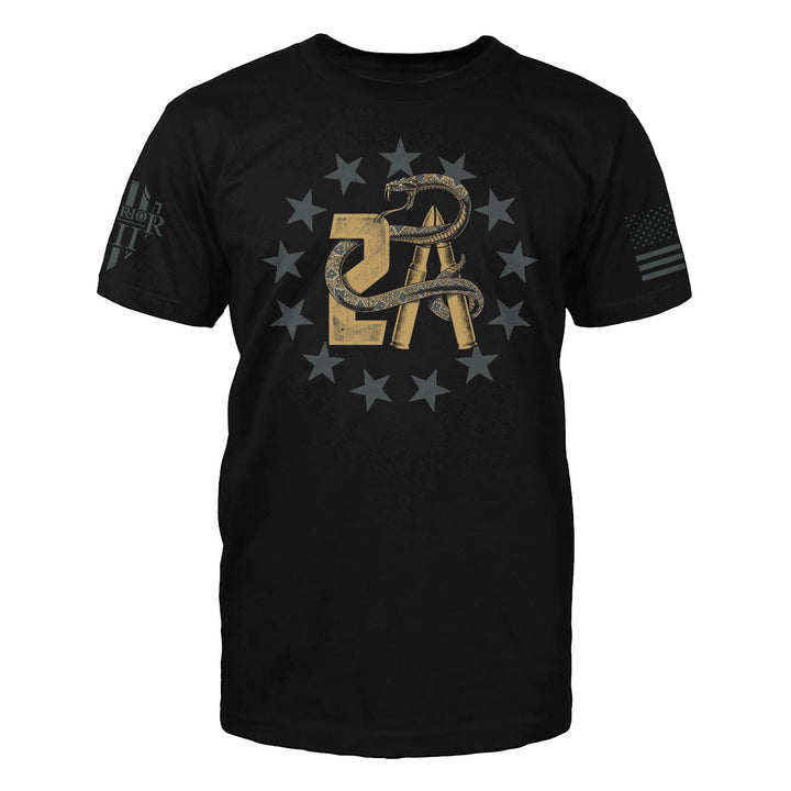 Front black t-shirt with the main design, "2A with a snake wrapped around" printed.