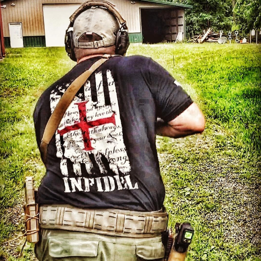One of our customers having some fun while wearing our American Infidel t-shirt. 