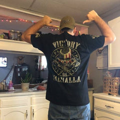 Customer wearing our American Viking t-shirt with the words "Victory or Valhalla" on the back.
