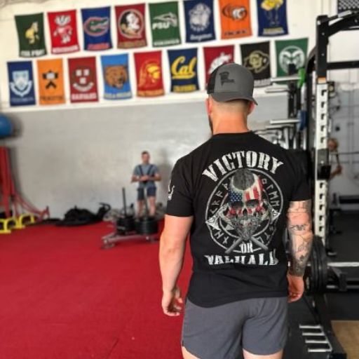 One of our loyal customers enjoying a day at the gym, wearing Victory or Valhalla. 