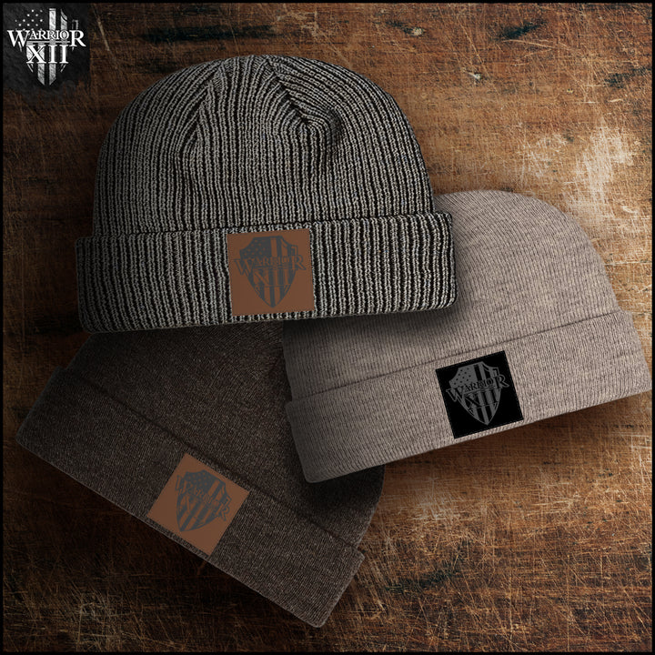 Navy Blue Line Knit Beanie - W12 Dark Brown Patch