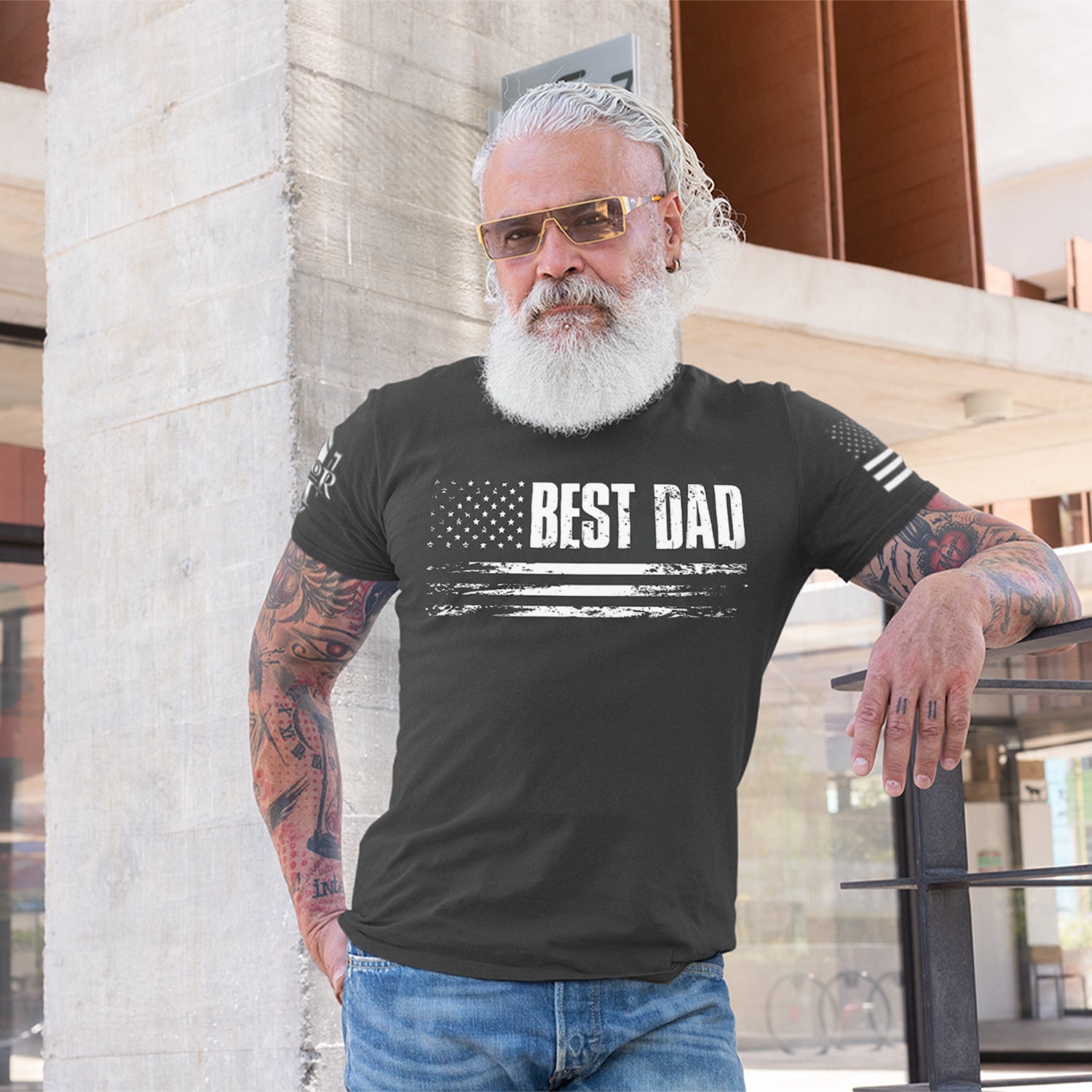 A proud father sporting our new best dad T-Shirt.
