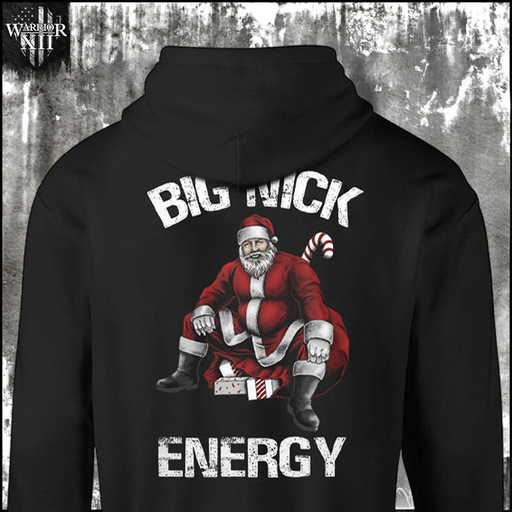 Big Nick Energy Hoodie Back Grunge Background with Warrior12 logo