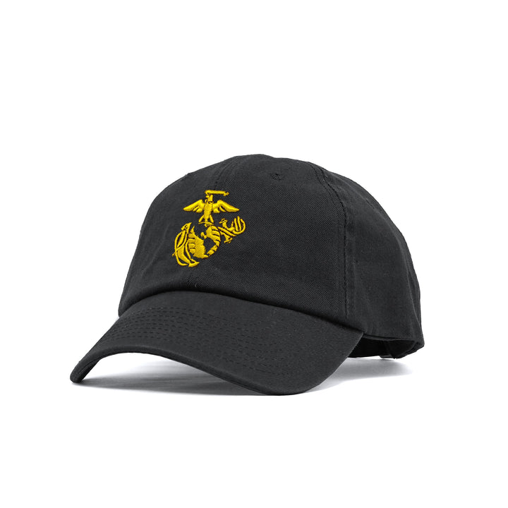 Eagle Globe & Anchor Unstructured USMC Hat with 3D embroidery- Black Hat w/ Gold