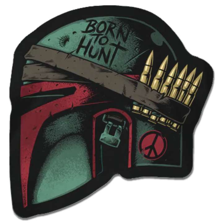 A decal featuring a Head Gear with bullet with the words Born to Hunt"