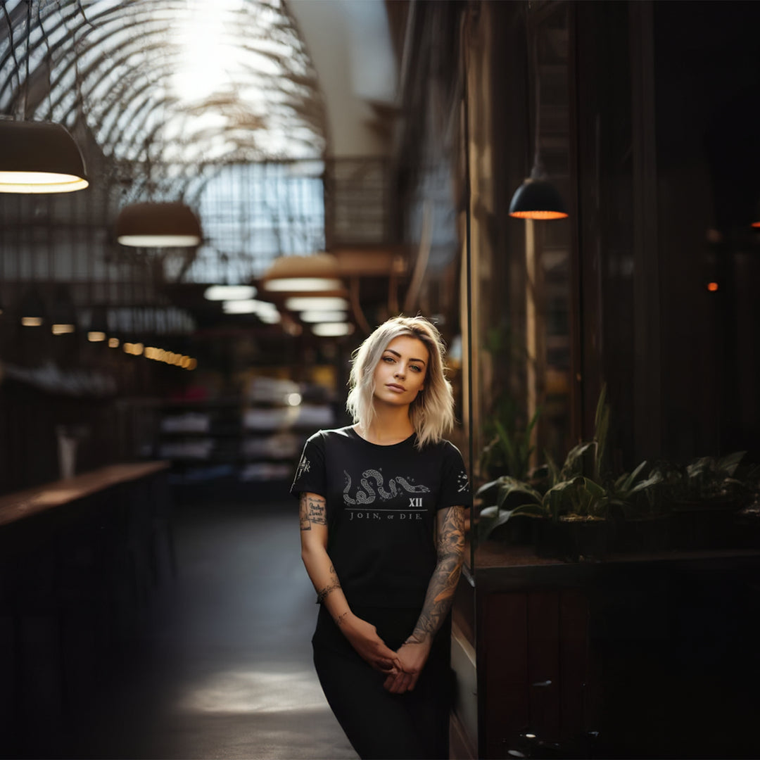 Front & back women's black t-shirt with the words, "Know This, We Are Many They Are Few. To Fear Death Is A Choice, And They Can't Hang Us All" on the back and the words "Join Or Die" on the front.