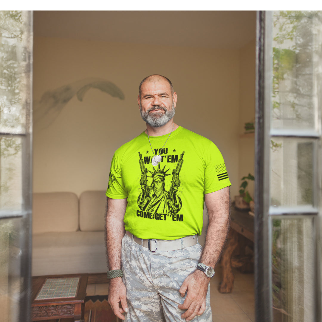 Happy customer showing off his Come Get 'Em Hi Vis Yellow t-shirt