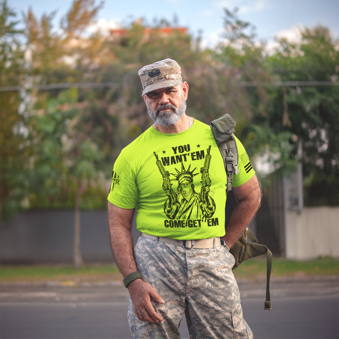 Happy customer showing off his Come Get 'Em Hi Vis Yellow t-shirt