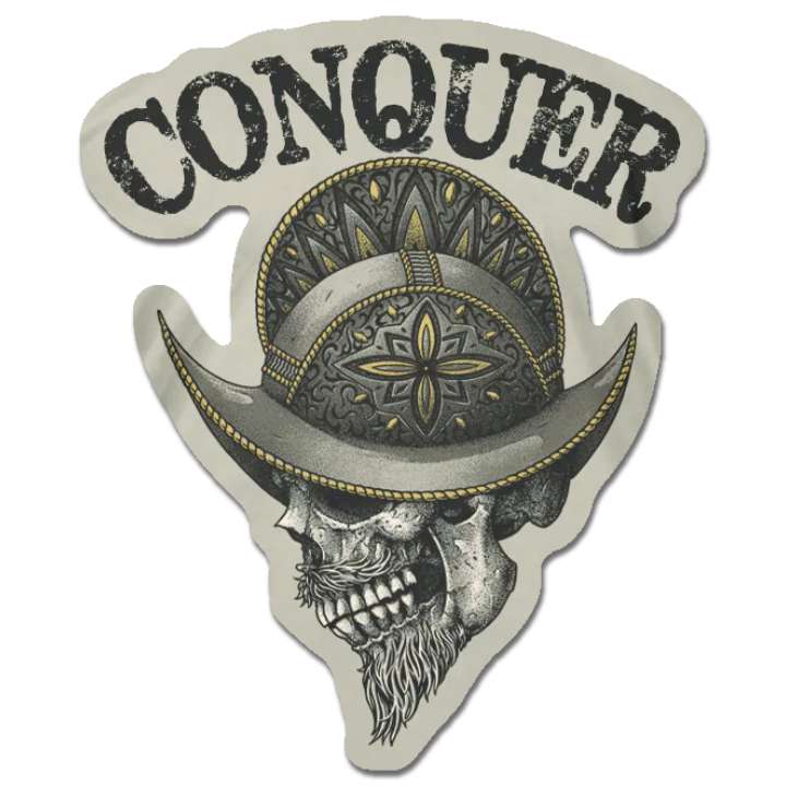 A decal featuring a Skull with Hat with the word "Conquer"
