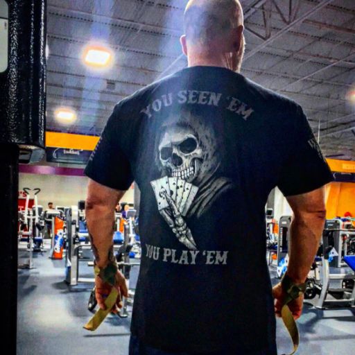 A Warrior at  the gym while wearing our Dead Man's Hand T-shirt.