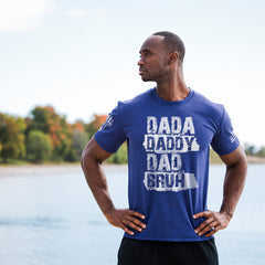 A proud dad sporting our Dada, Daddy, Dad, Bruh T-shirt.