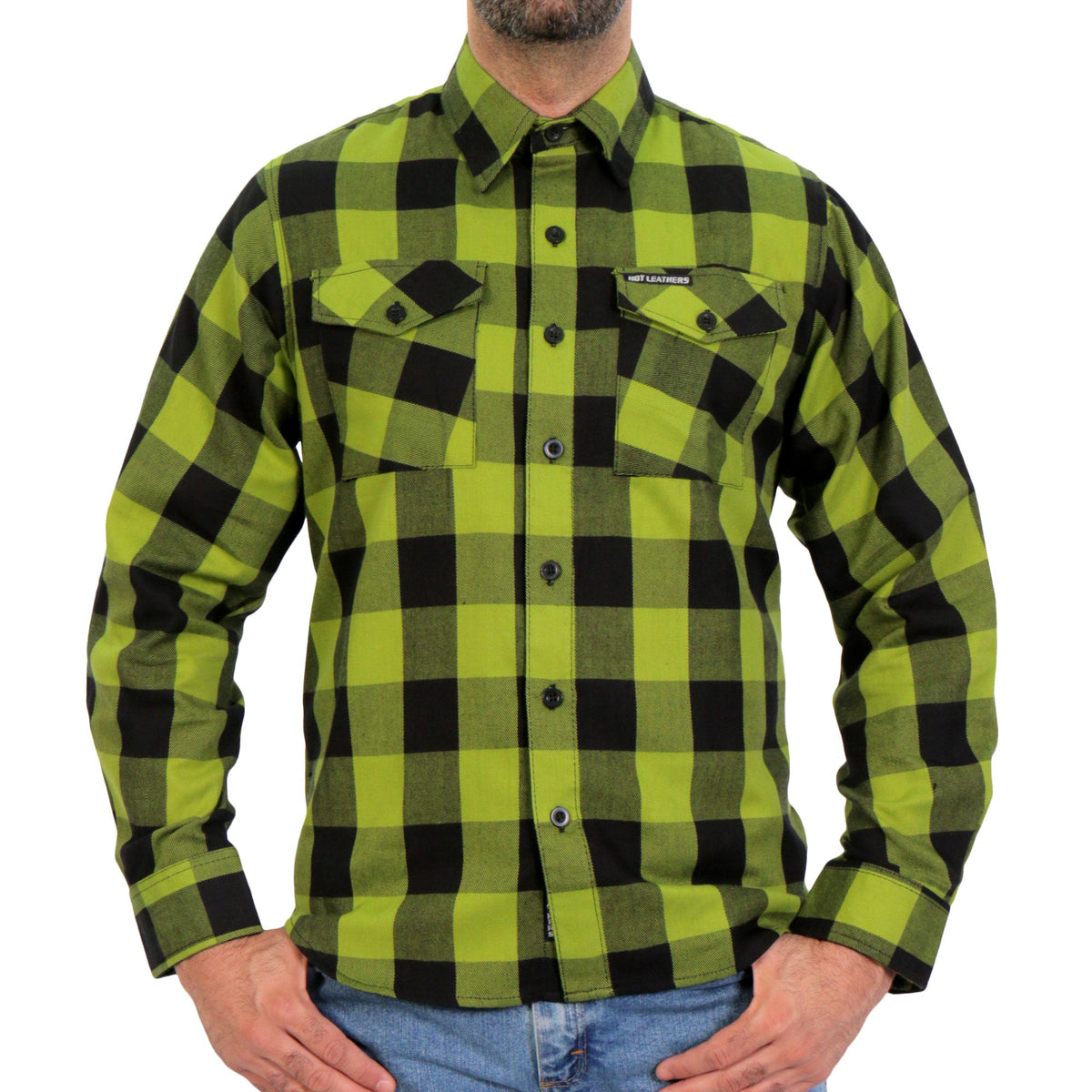 Hot Leathers FLM2015 Men's Black and Light Green Long Sleeve Flannel