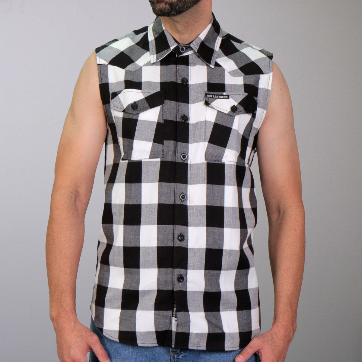 Hot Leathers FLM5004 Men?ÇÖs Black and White Sleeveless Cotton Flannel Shirt