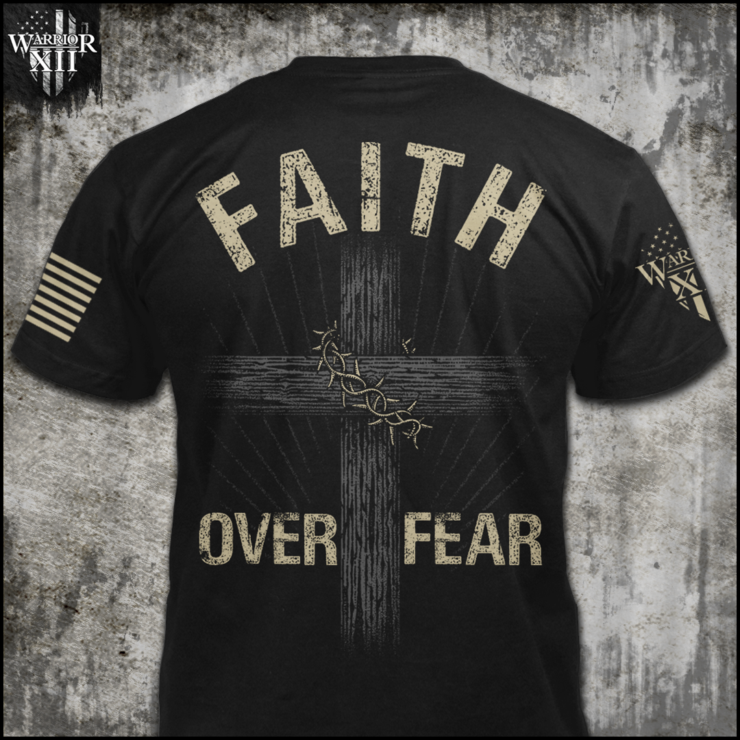 Front & back black t-shirt with the words "Faith Over Fear" with a cross printed on the shirt.