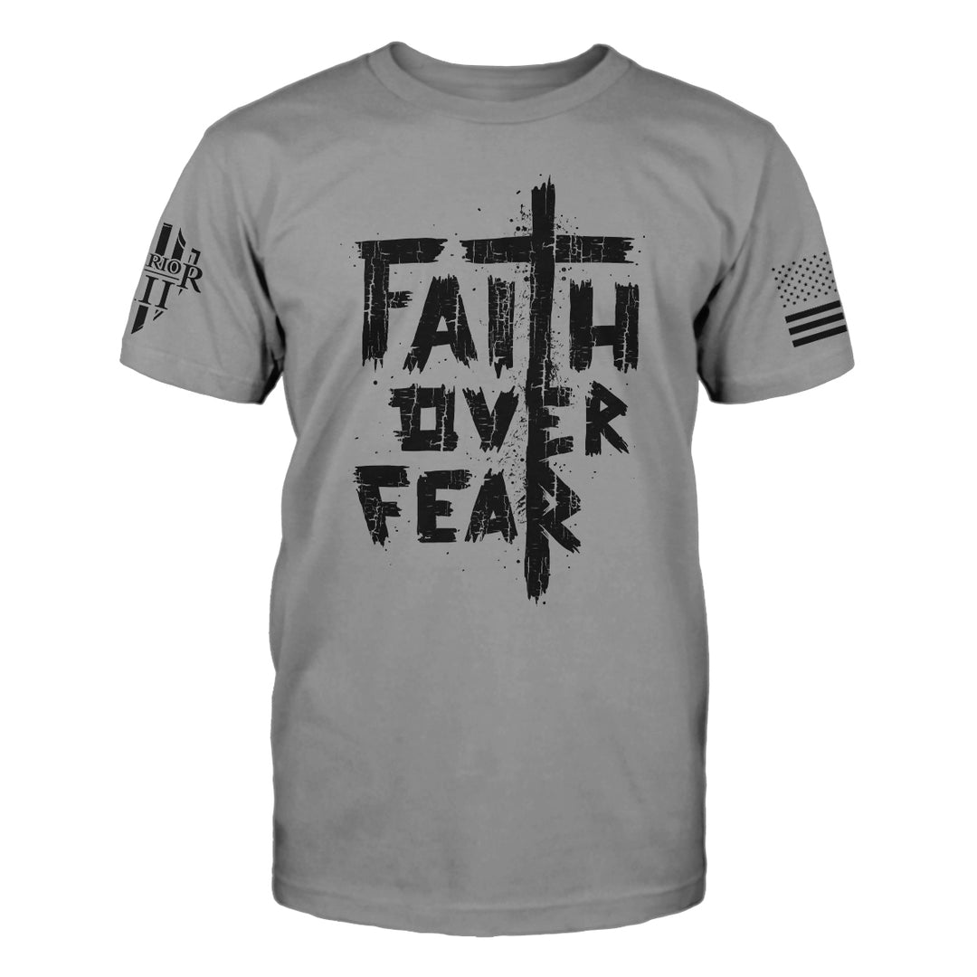 "Faith Over Fear 2.0" is printed on a gray t-shirt with the main design printed on the the front and the back of this t-shirt has no printing. This shirt features our brand logo on the right sleeve and the American Flag on the left sleeve.