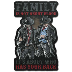 Two man in suit with pistol and text, Family is not about blood its about who has your back