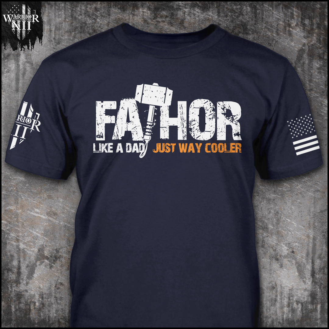 "Fathor" is printed on a Navy Blue t-shirt with the main design printed on the the front and the back of this t-shirt has no printing. This shirt features our brand logo on the right sleeve and the American Flag on the left sleeve.
