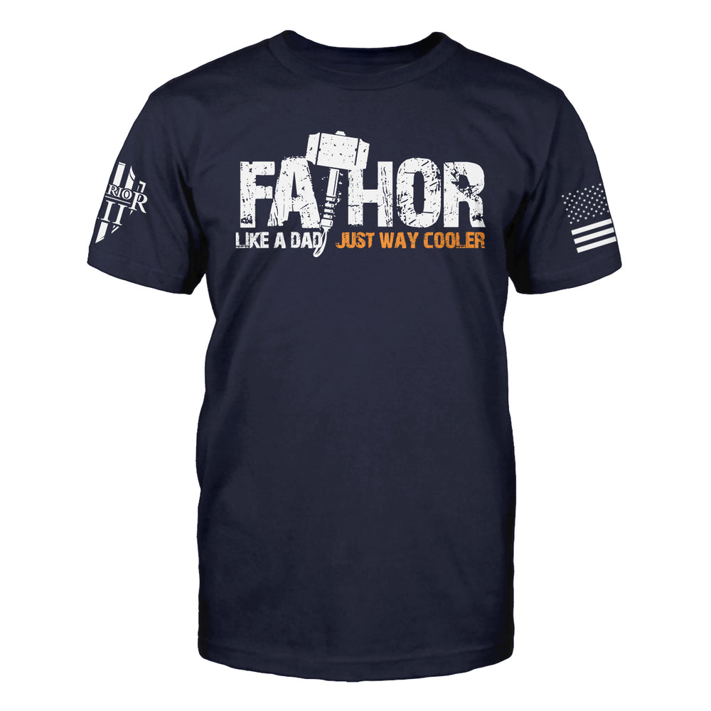 "Fathor" is printed on a Navy Blue t-shirt with the main design printed on the the front and the back of this t-shirt has no printing. This shirt features our brand logo on the right sleeve and the American Flag on the left sleeve.