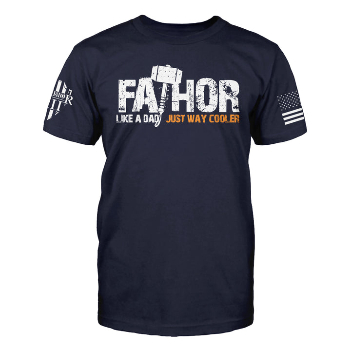 "Fathor" is printed on a Navy Blue t-shirt with the main design printed on the the front and the back of this t-shirt has no printing. This shirt features our brand logo on the right sleeve and the American Flag on the left sleeve.