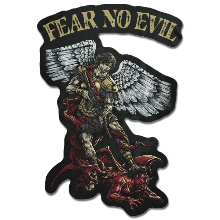 An Angel with golden vest with Evil with the word " Fear No Evil"