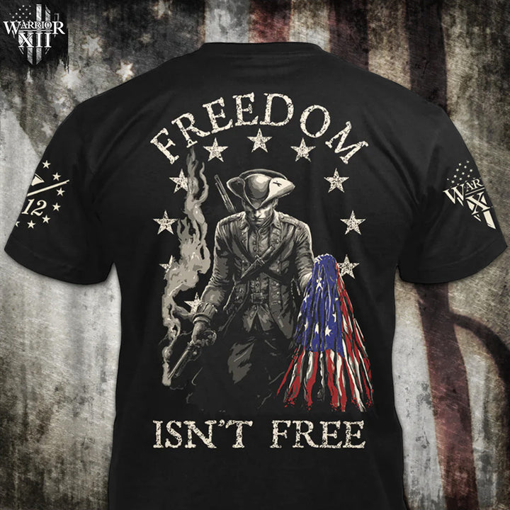 Front & back black t-shirt  pays tribute to the Minuteman, the original American Patriot, and our forefathers who fought relentlessly against the tyranny of Britain.The back of the shirt has an infaltry soldier holding a ripped USA flag printed on it.