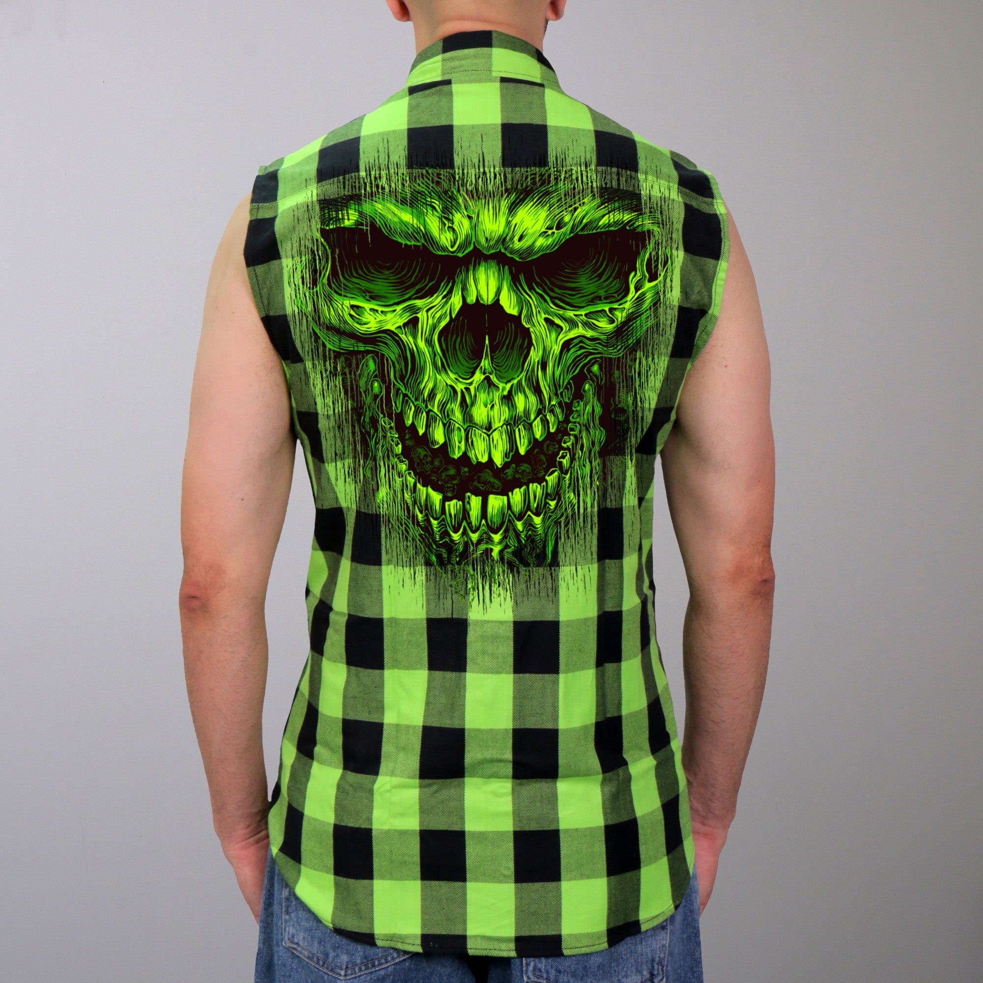 Hot Leathers GMS3492 Men’s Black and Green Shredder Skull Sleeveles Flannel Shirt