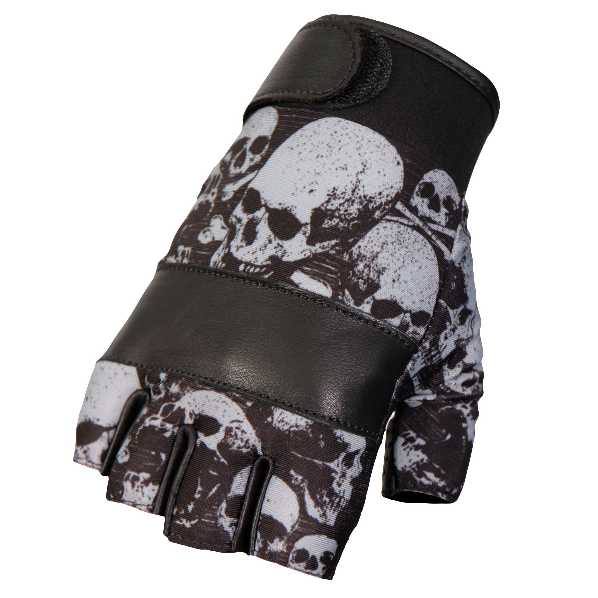 Hot Leathers GVM3009 Uni-Sex Black 'Ancient Skulls' Fingerless Leather Gloves